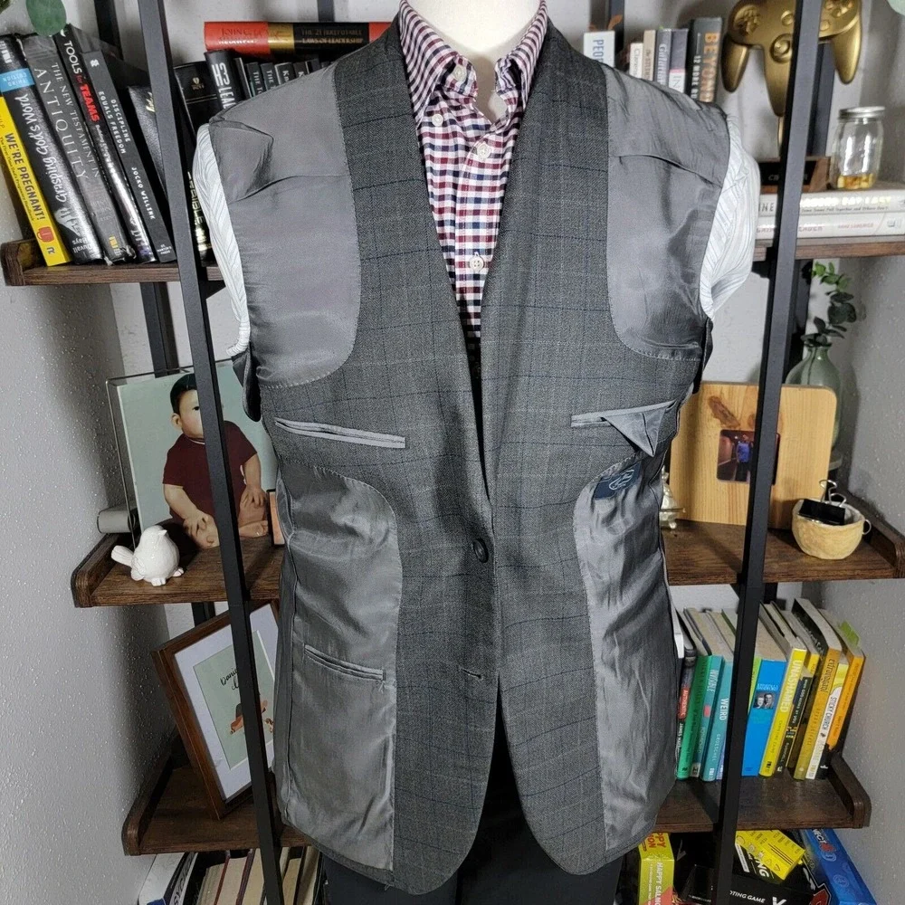 Pronto Uomo Platinum Men's Sport Coat Two Button Gray Plaid Herringbone Size 42R